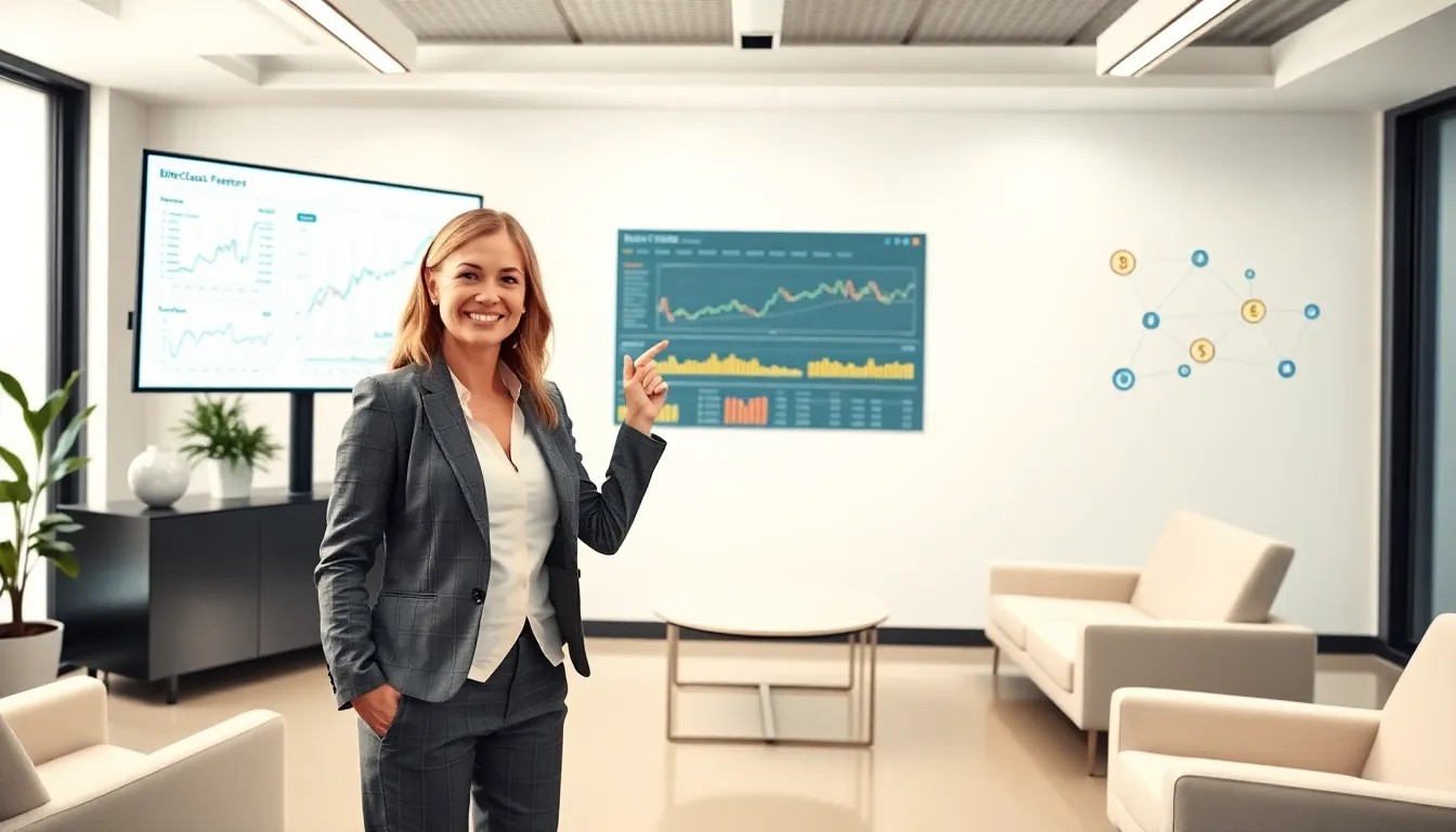 Stacey Klinger presenting BitClassic Blockchain in a modern office.