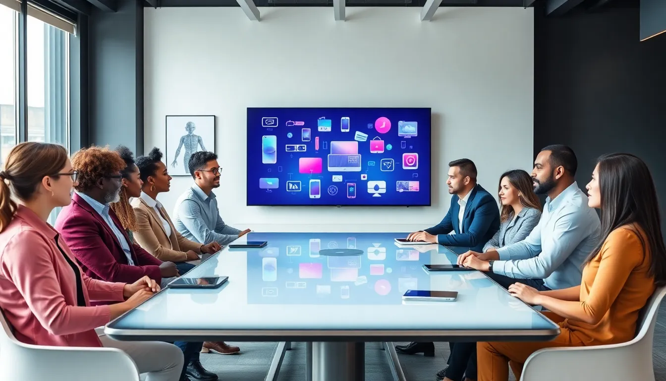 diverse professionals discussing consumer electronics trends in a modern office.