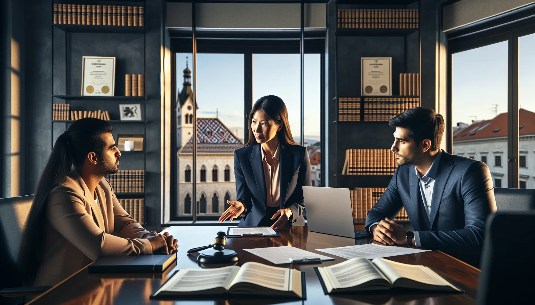 Croatian lawyer consulting couple about property ownership documents in modern office