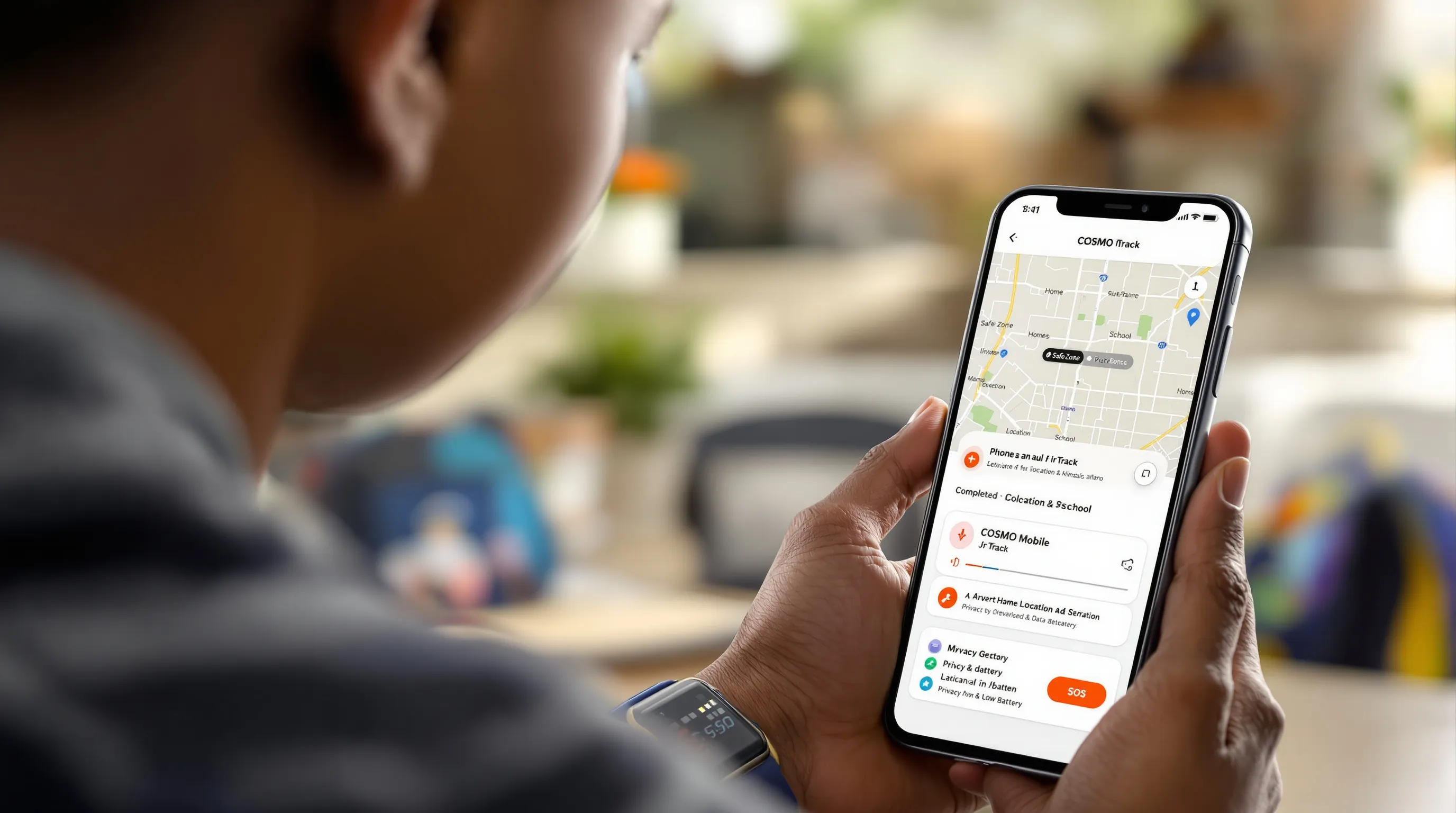 Parent activating JrTrack smartwatch, app map shows Home and School SafeZones.