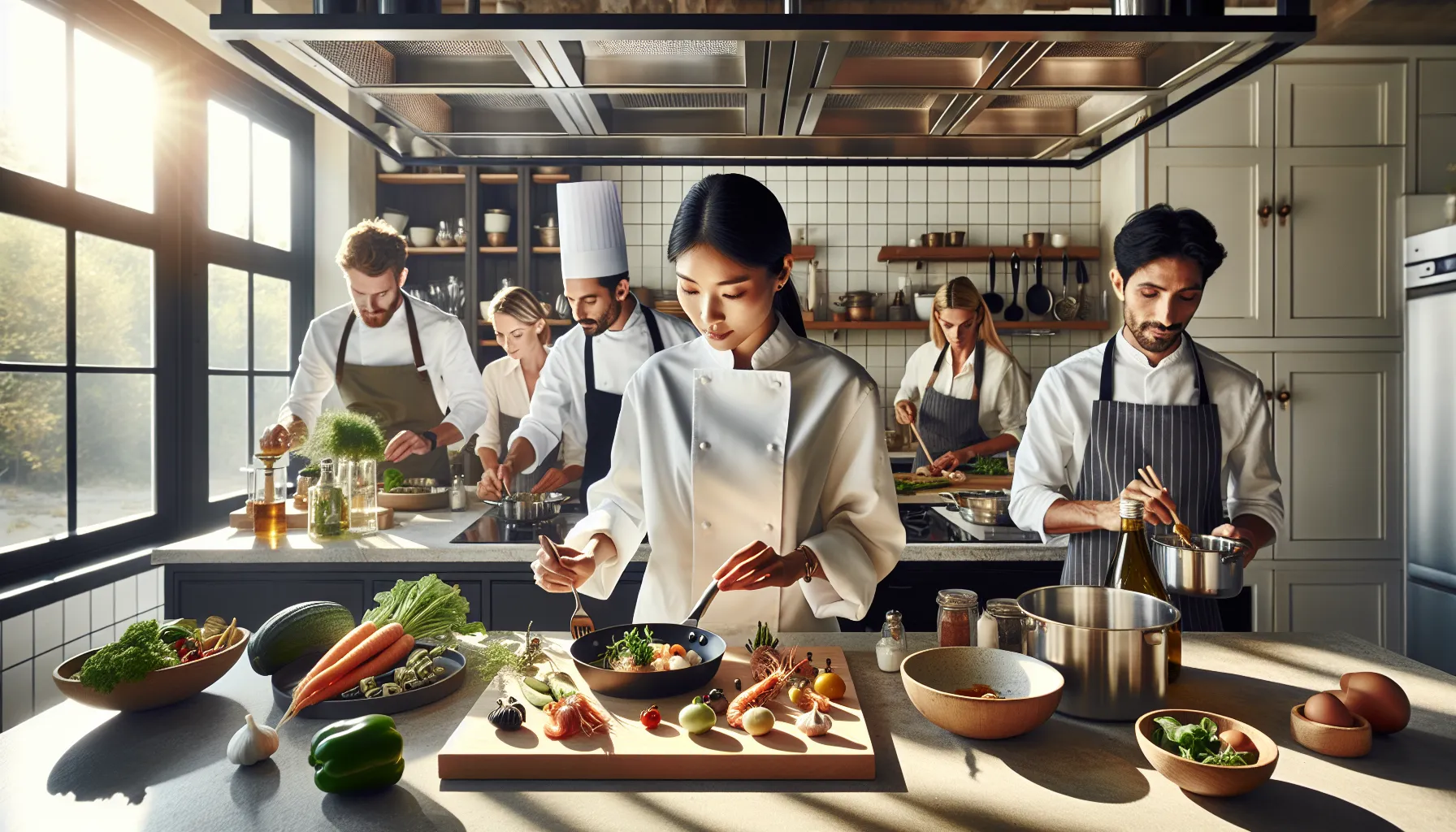 chefs preparing European-inspired dishes in a modern kitchen setting.