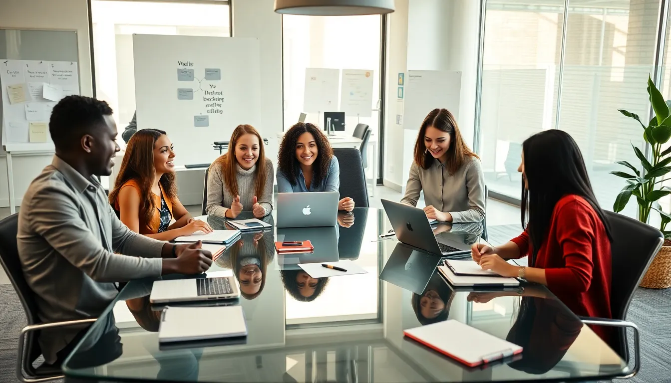 diverse team collaborating on a copywriting project in a modern office.