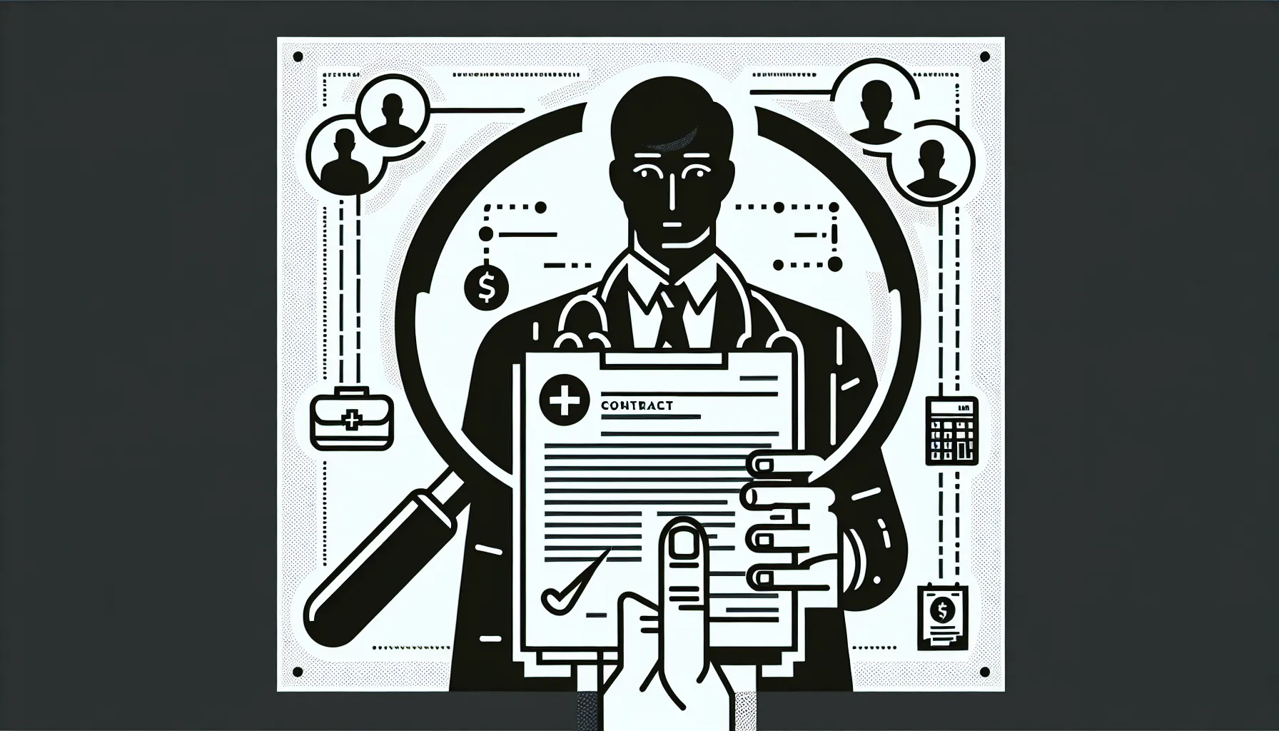 Physician examining a contract with three icons for hospital, group, and contractor for Physician Contract Review