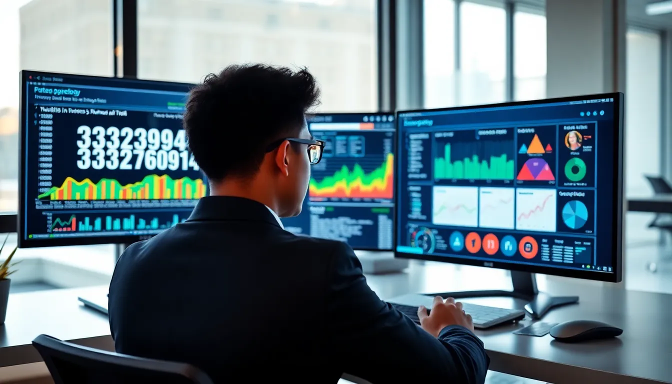 professional analyzing the number 3332699094 in a modern office.