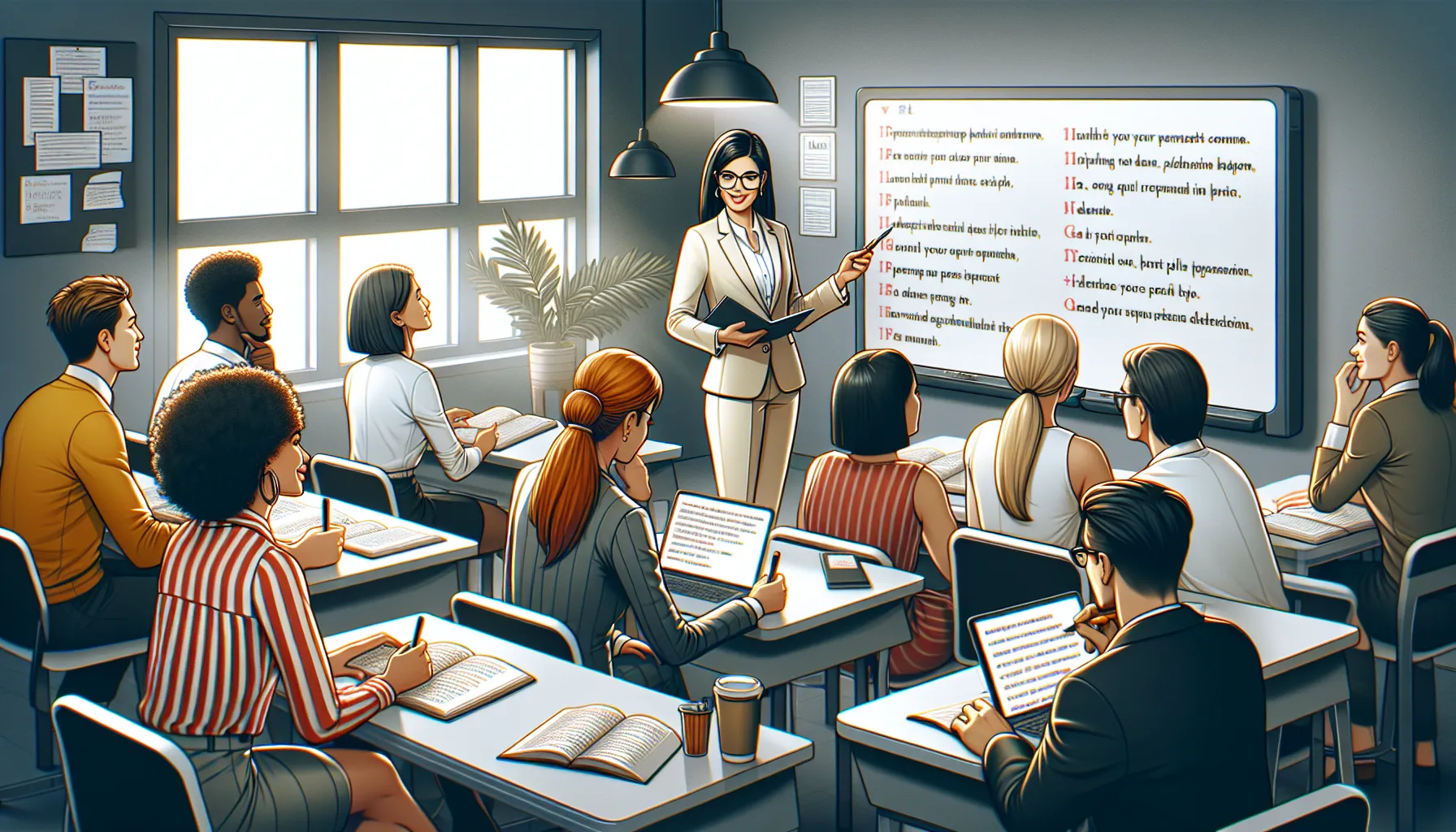 An educator teaches English grammar in a modern classroom setting to engaged students.