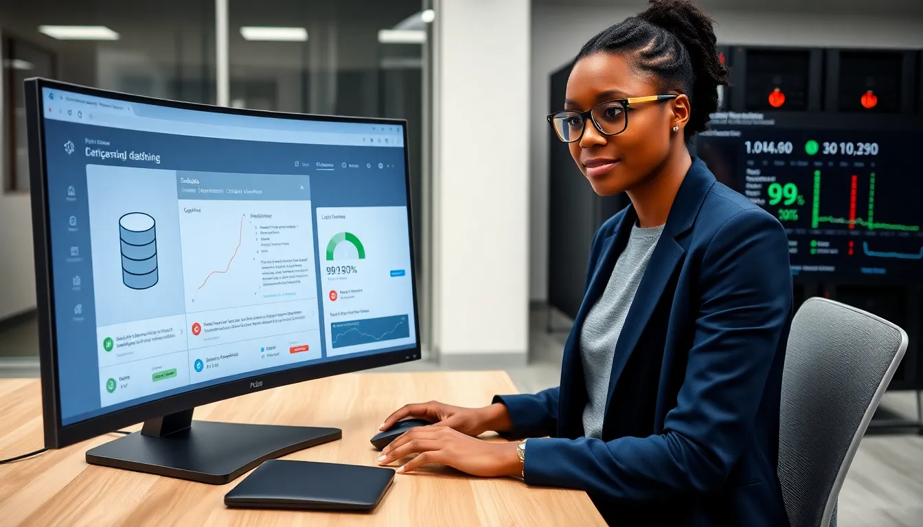 Engineer at desk viewing a database dashboard and server racks in office.