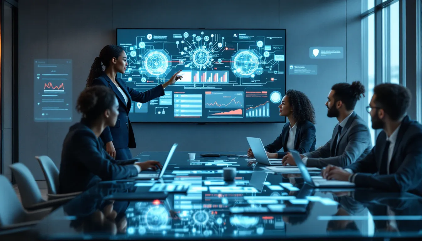 Diverse business professionals collaborating on AI integration challenges in modern corporate office.