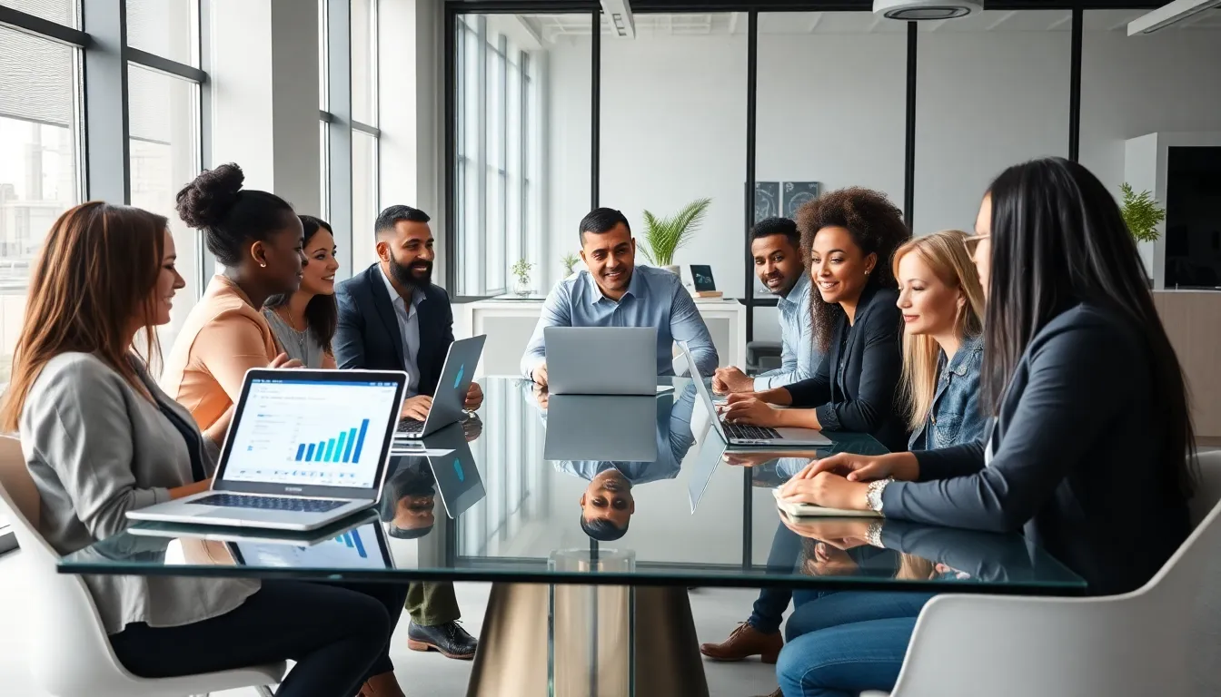 diverse team discussing νιουσβεαστ in a modern office.