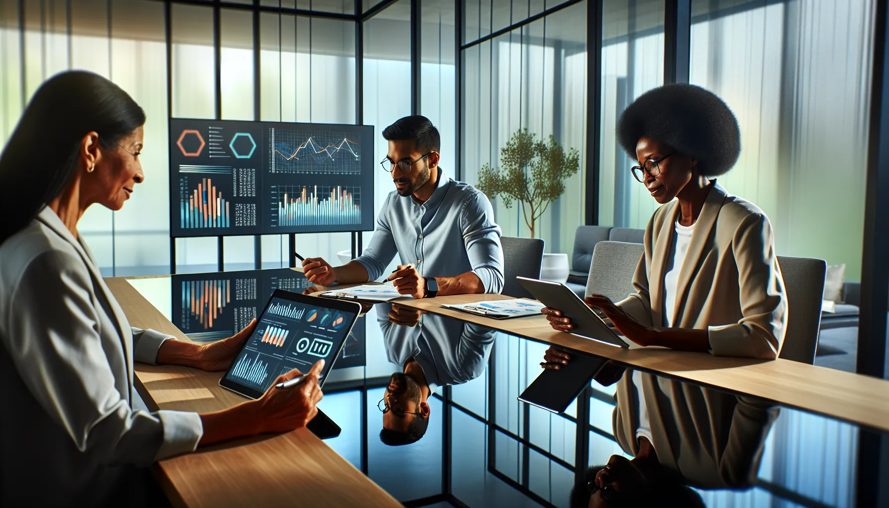 diverse team collaborating over number analysis in a modern office.