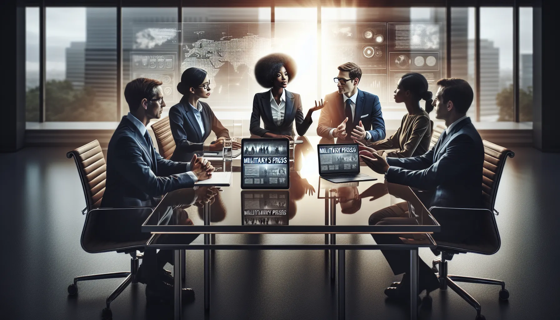 diverse team analyzing global military press dynamics in a modern office.