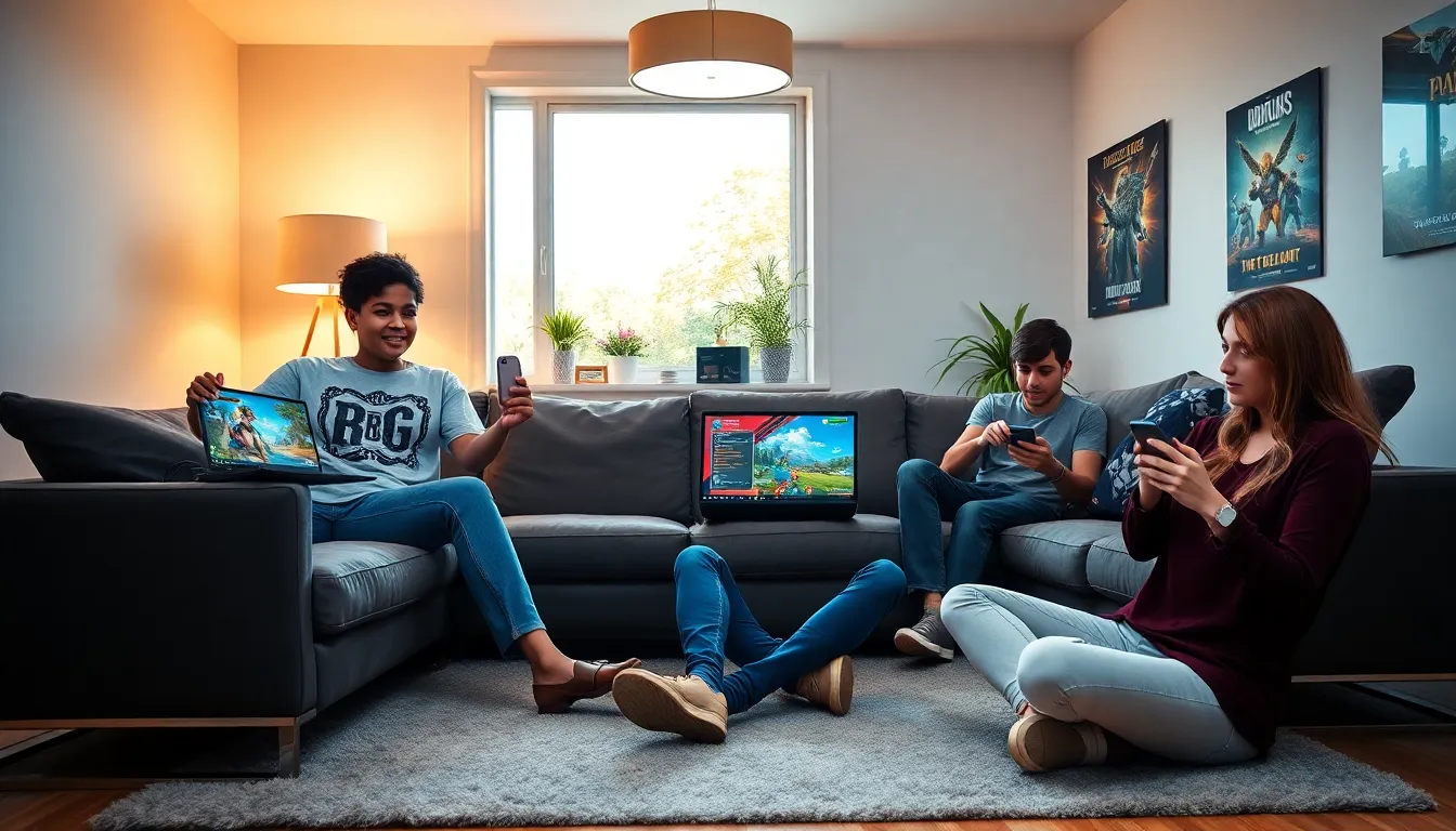a diverse group of gamers enjoying ImagineerGames.com in a cozy living room.