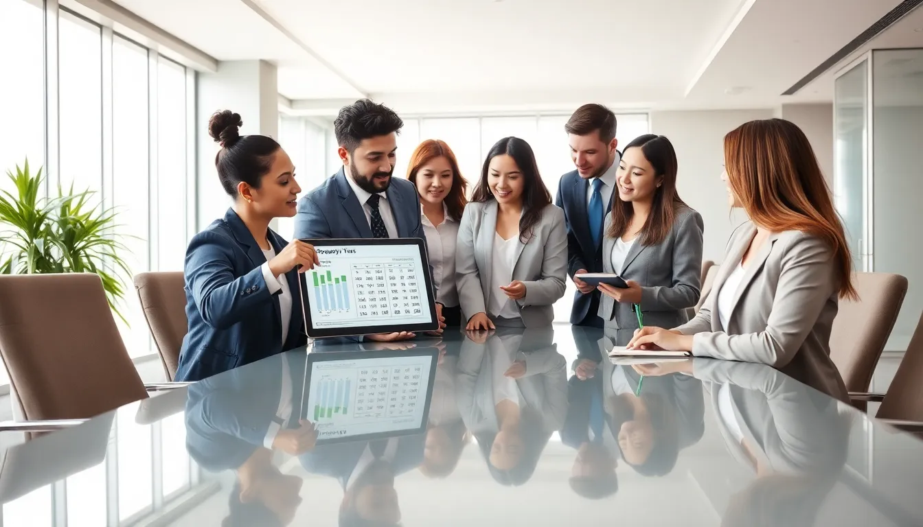 diverse team discussing property tax calculations in a modern office.