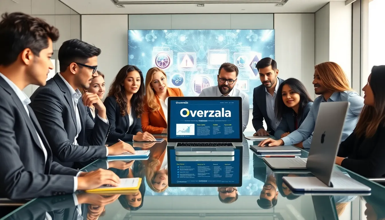 diverse team discussing Ooverzala updates in a modern office setting.