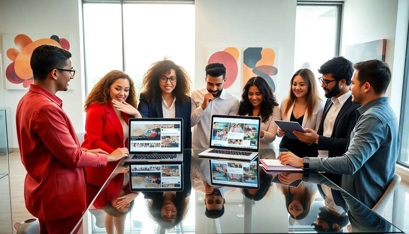 diverse team discussing social media trends in a modern office.