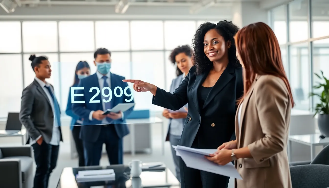 professionals discussing a technology project in a modern office setting.