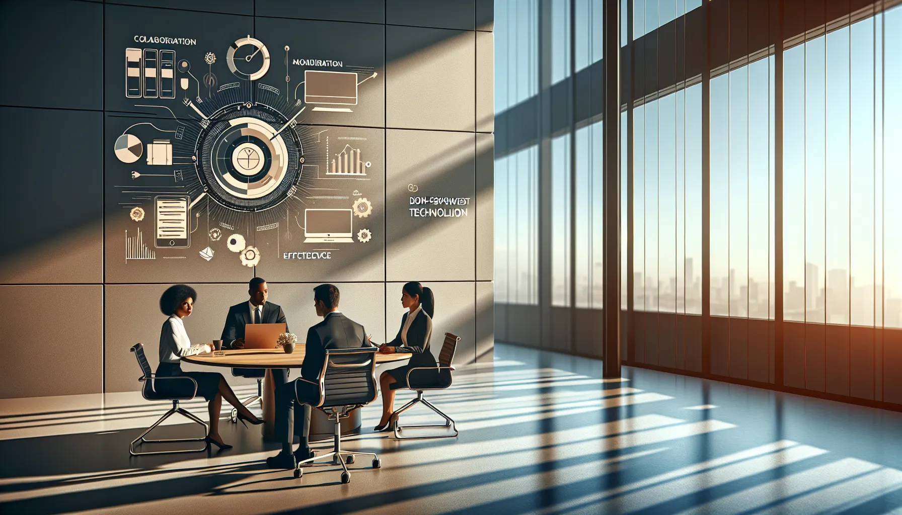 diverse team discussing technology solutions in a modern office.