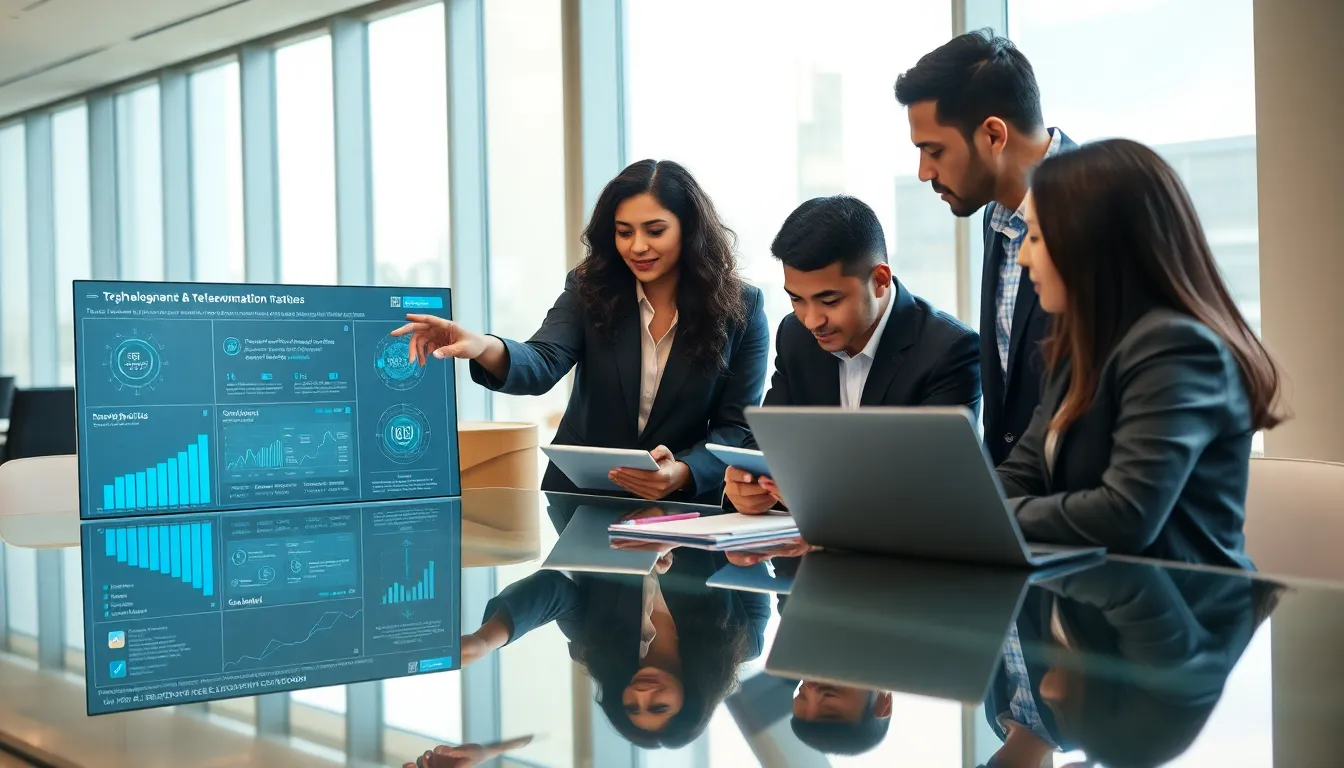 diverse professionals discussing technology in a modern office setting.