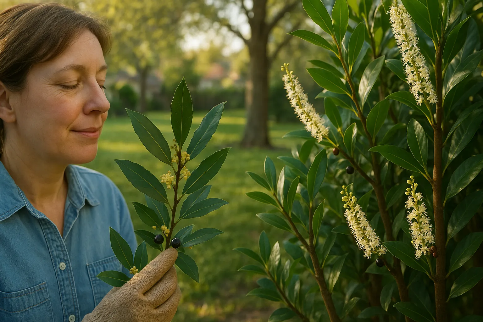 Gardener rubbing a bay leaf beside a glossy cherry laurel hedge in spring