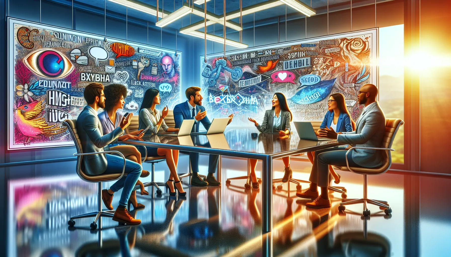 diverse team discussing language and culture in a modern office.