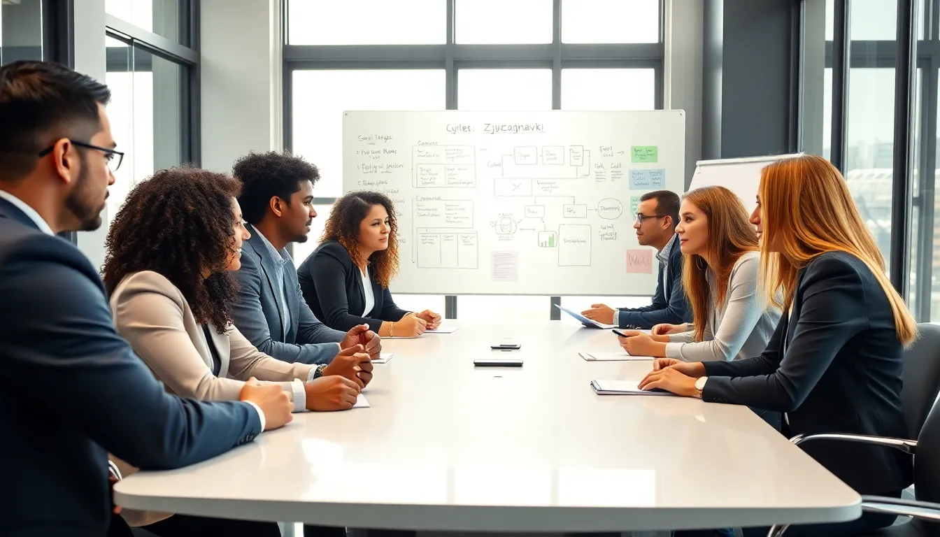 diverse professionals collaborating on Zjucagnavki in a modern office.