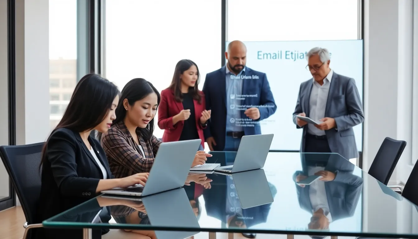 diverse team collaborating and discussing email communication in a modern office.
