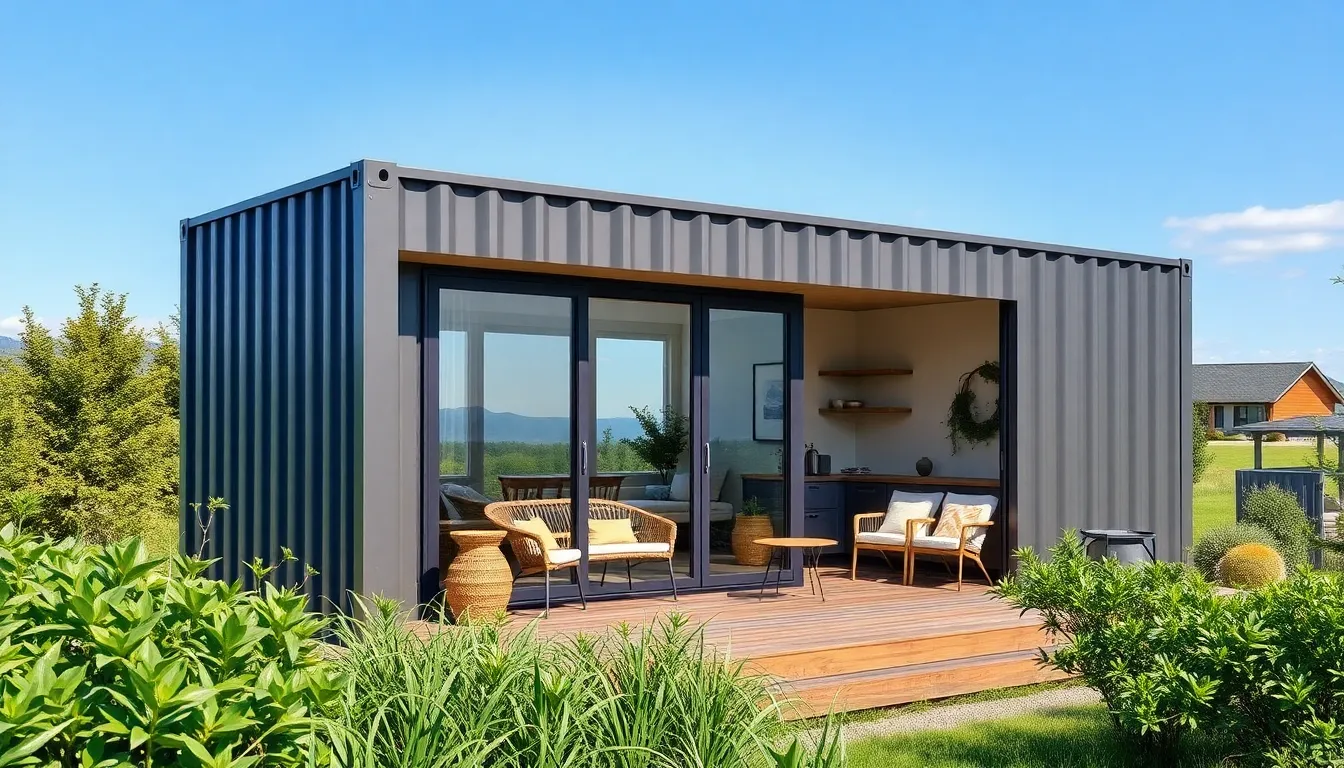 A modern tiny container home in a serene outdoor setting.