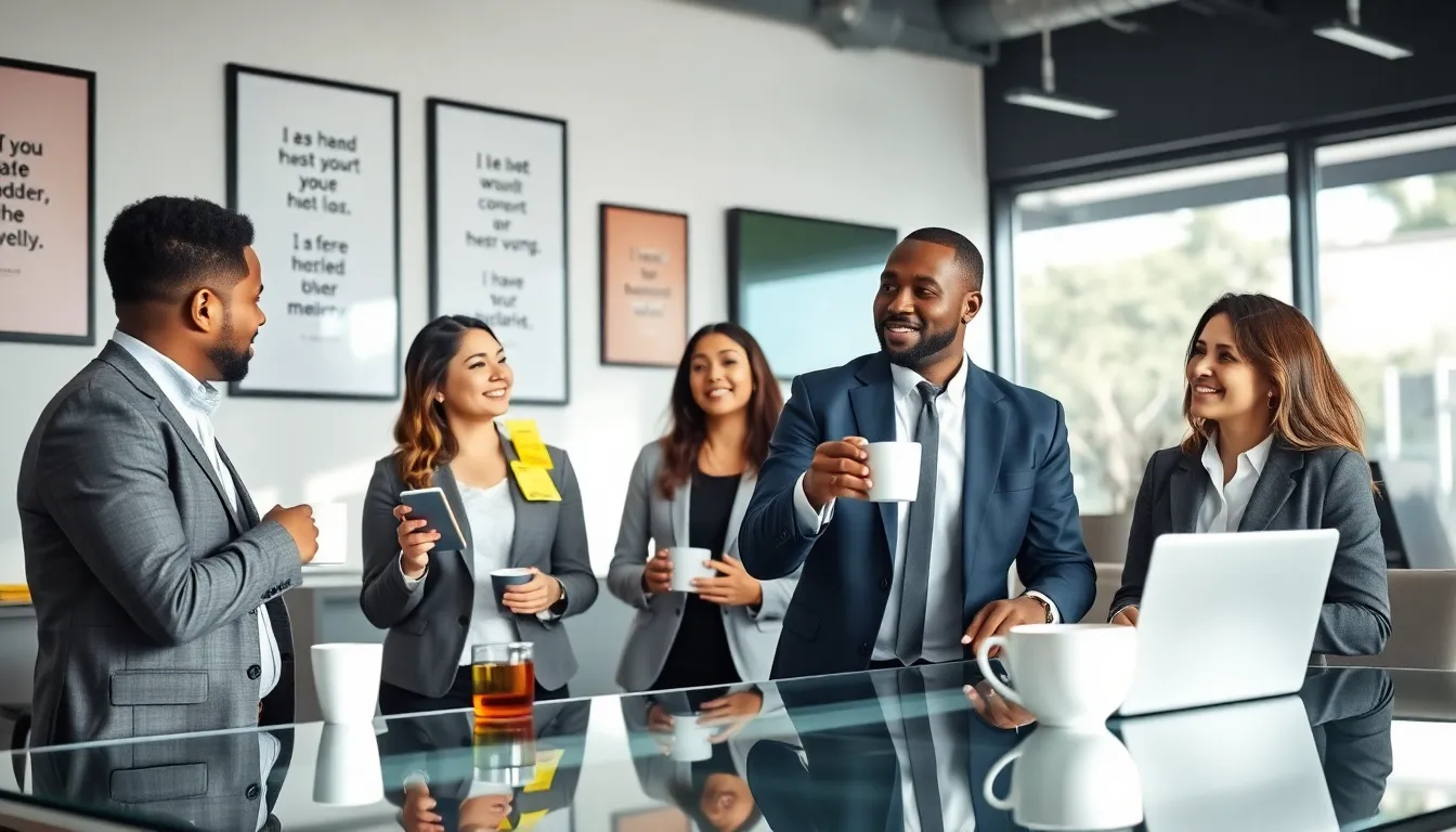diverse team discussing motivational quotes in a modern office.