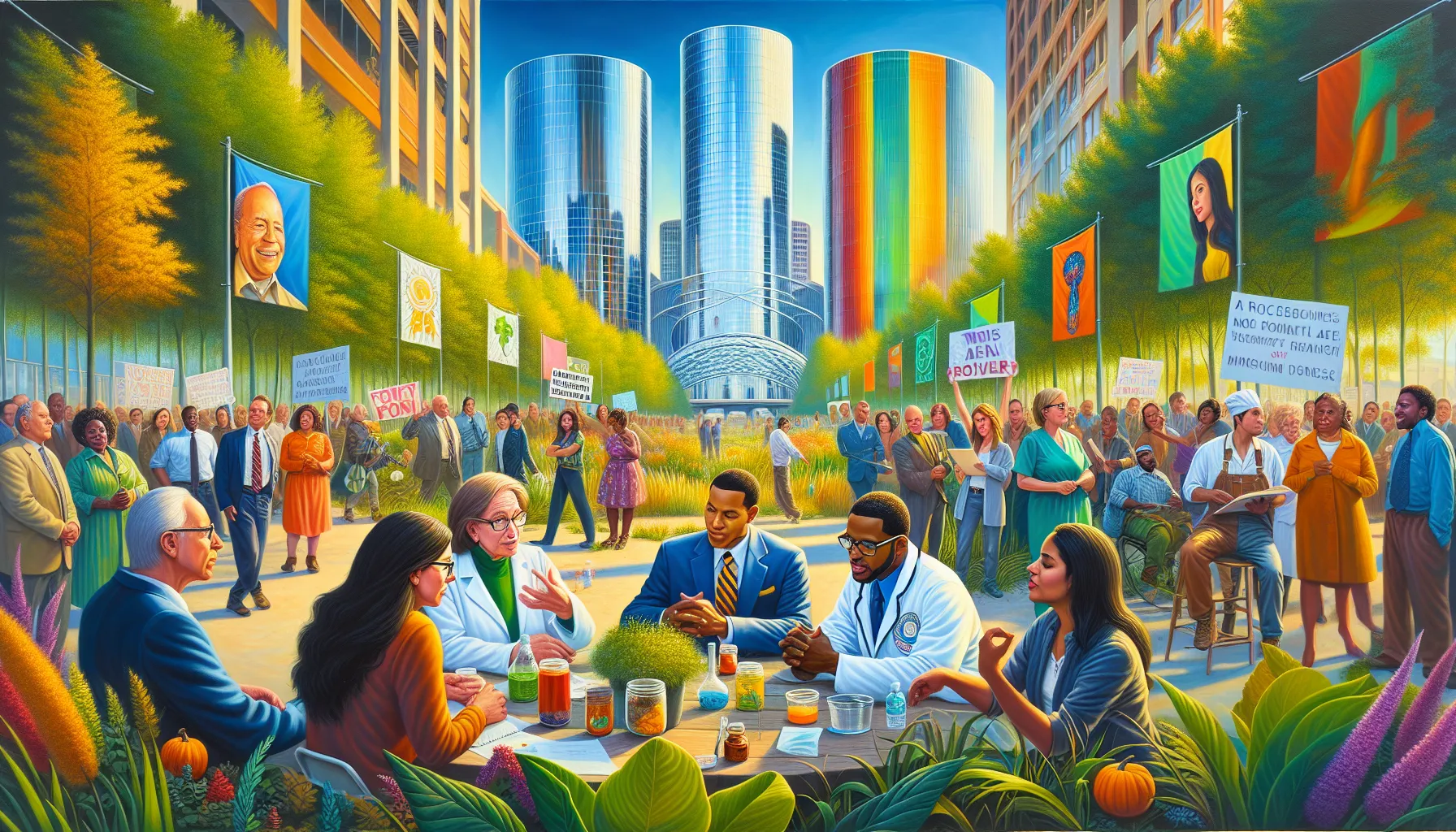 diverse group discussing social issues in a modern Michigan urban setting.