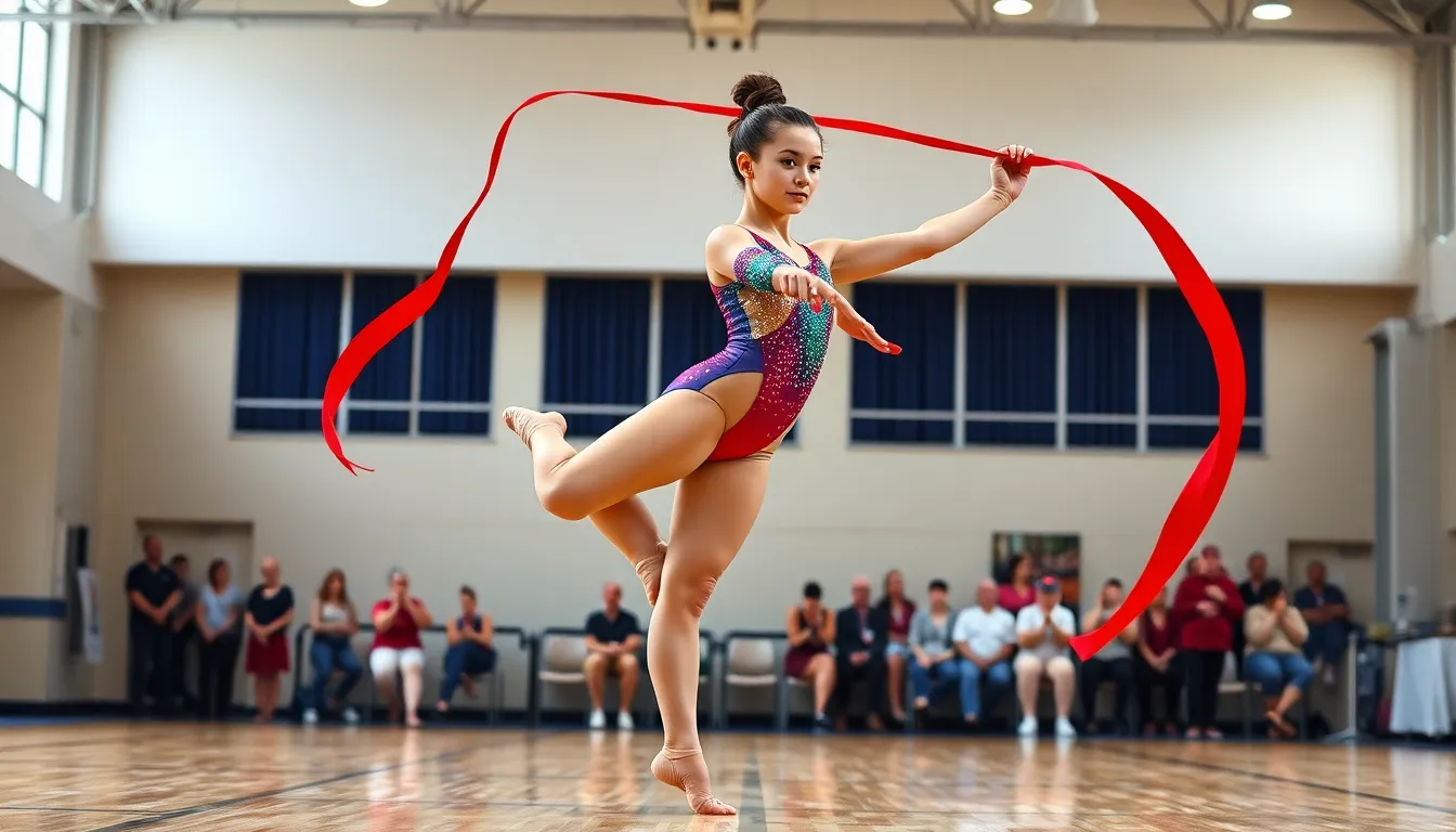 a rhythmic gymnast performing with a ribbon in a vibrant leotard.