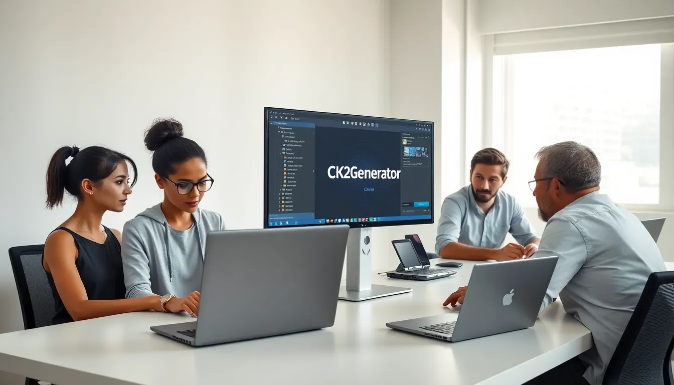 diverse group of gamers using CK2Generator in a modern office.