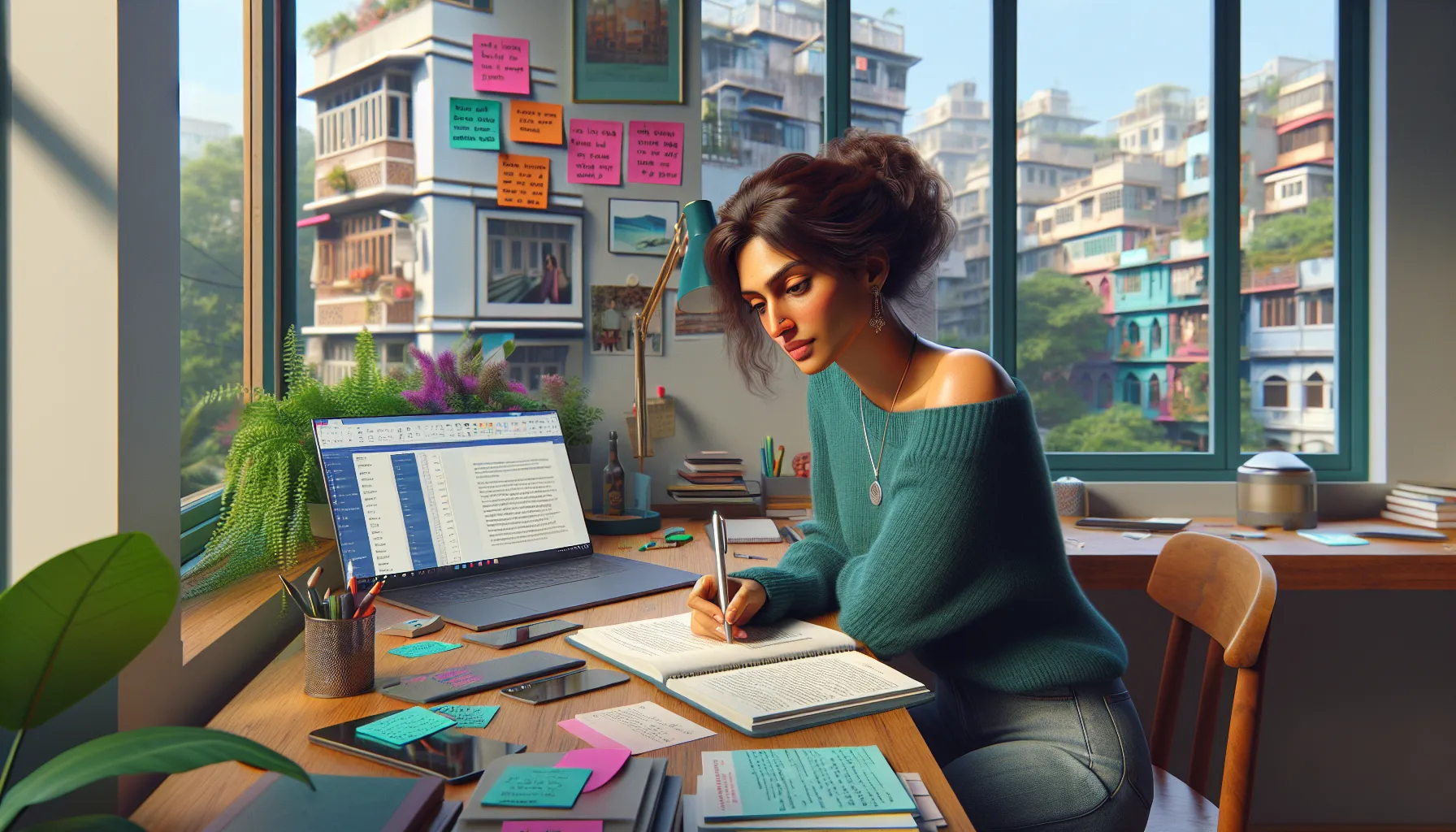 Norwegian course creator mapping customer pains and course promise at a home office desk.