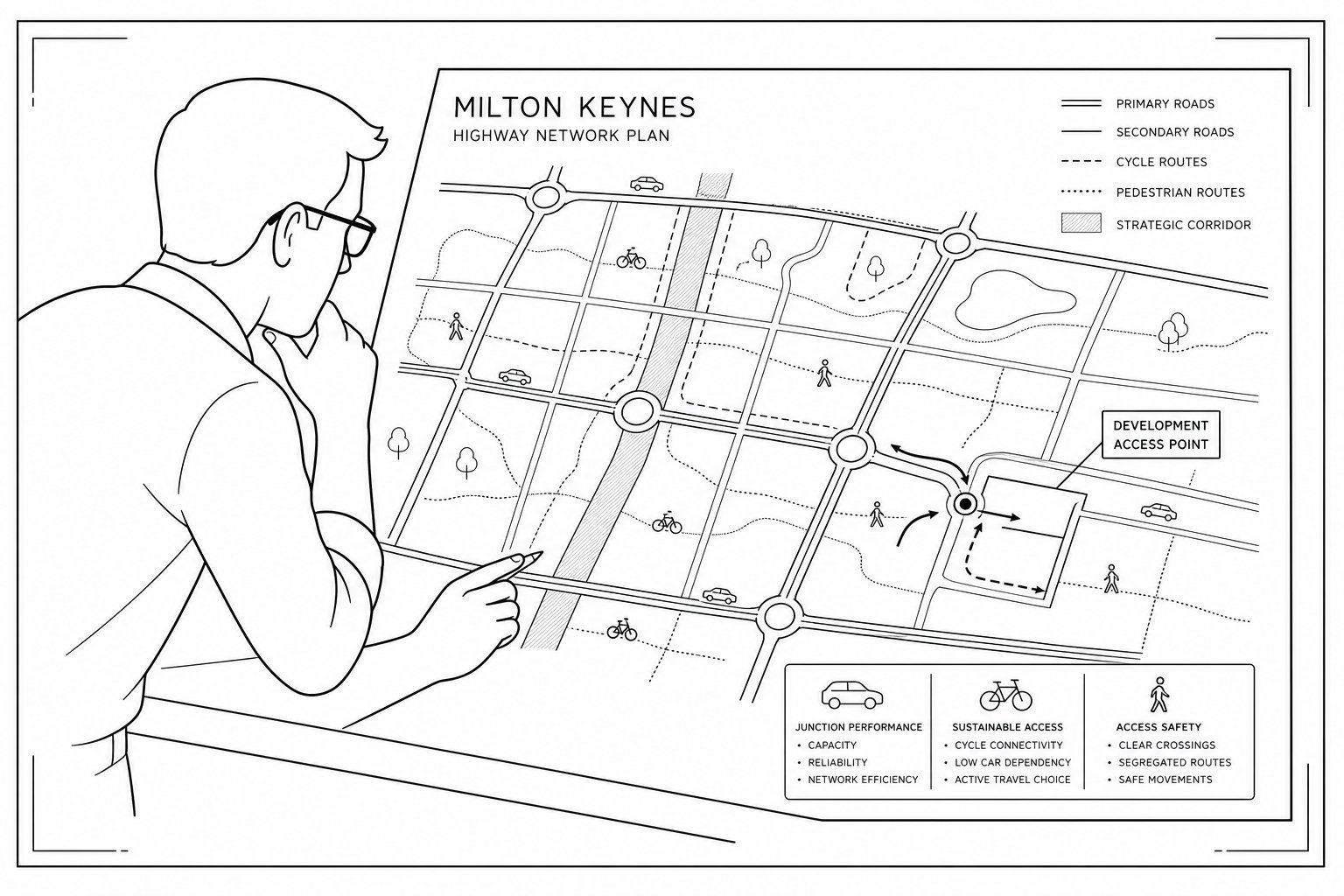 Traffic engineer reviewing Milton Keynes road layout and roundabout access plan.