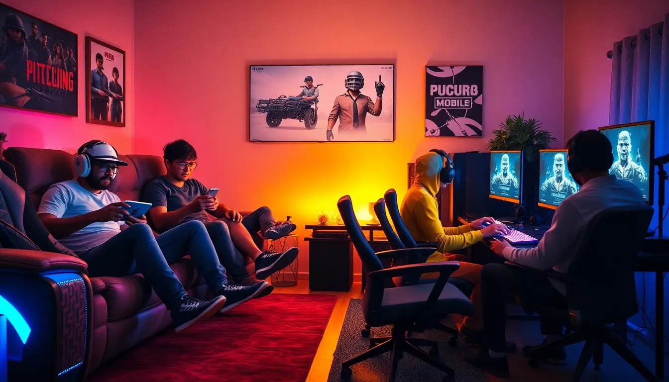 diverse gamers playing PUBG on mobile and PC in a modern setting.
