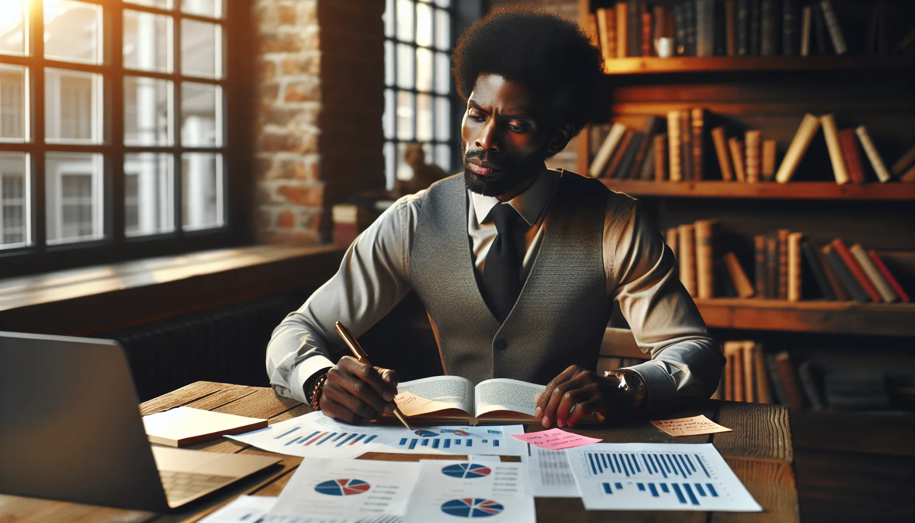 A man analyzing business sales statements in a bright office.
