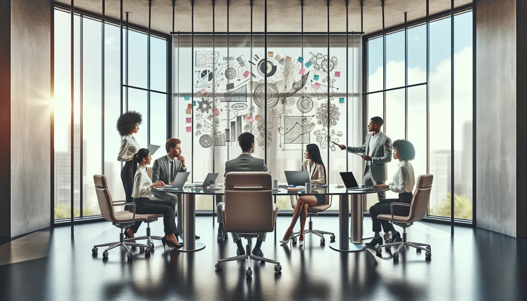diverse professionals brainstorming in a modern office setting.