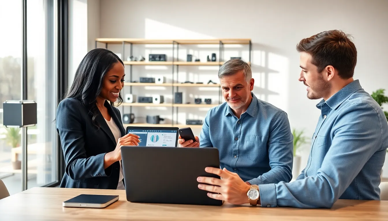 diverse team collaborating in a modern office about tech products.