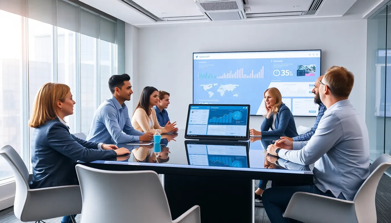 diverse team discussing tech innovations in a modern office.