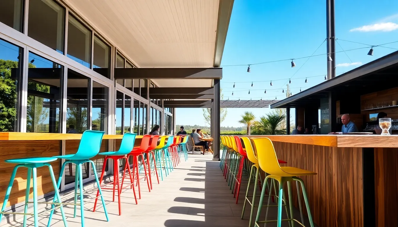 colourful outdoor stools in a sunny, modern bar setting