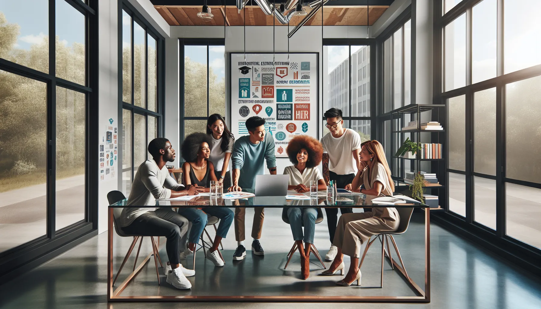 diverse team collaborating on educational initiatives in a modern office.