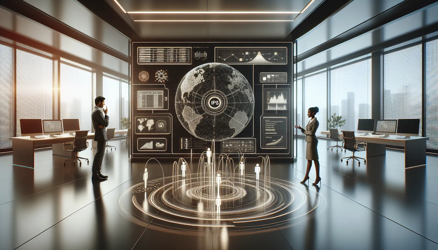 professionals discussing digital network concepts in a modern office.