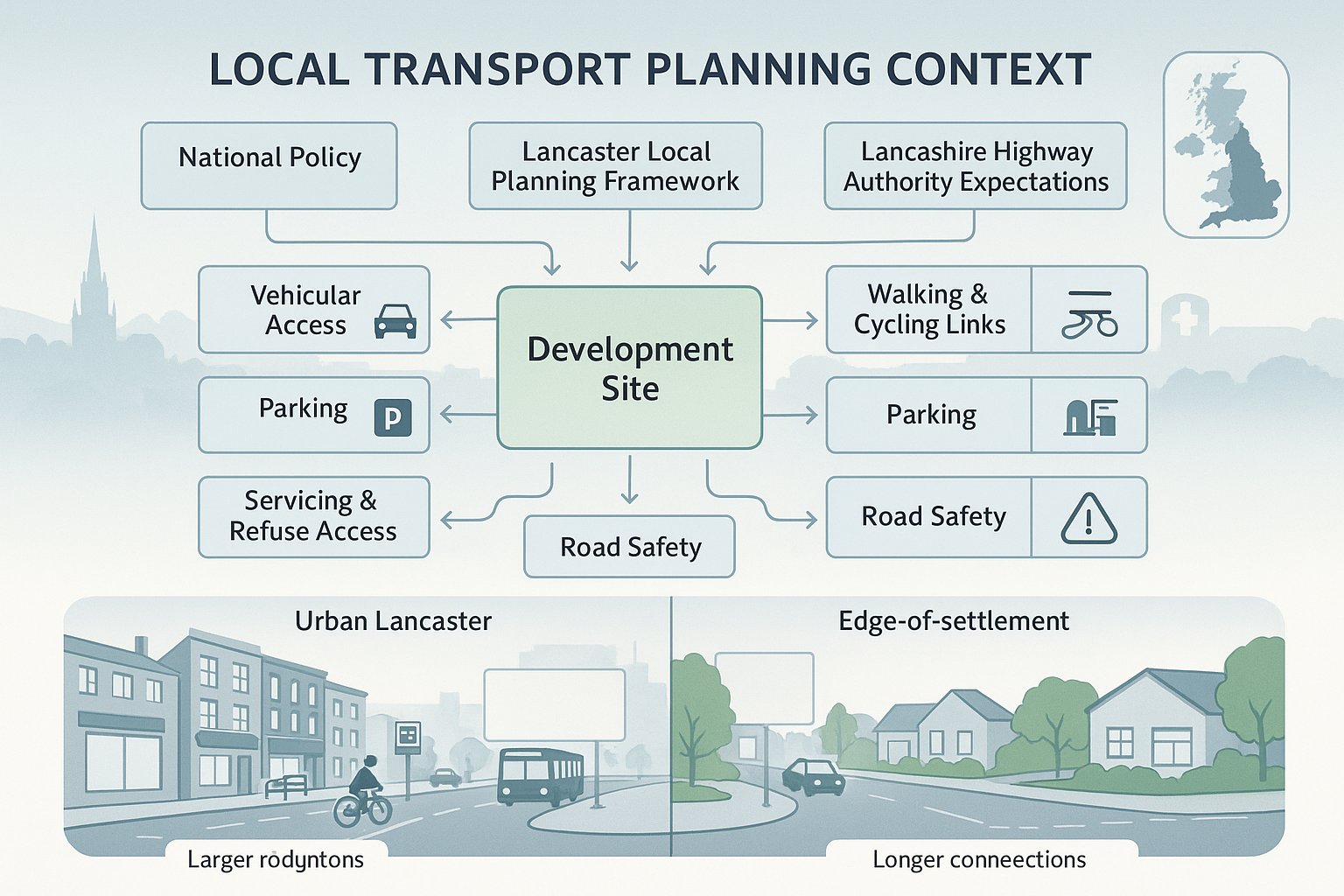 Infographic of Lancaster transport planning factors for different development site contexts.