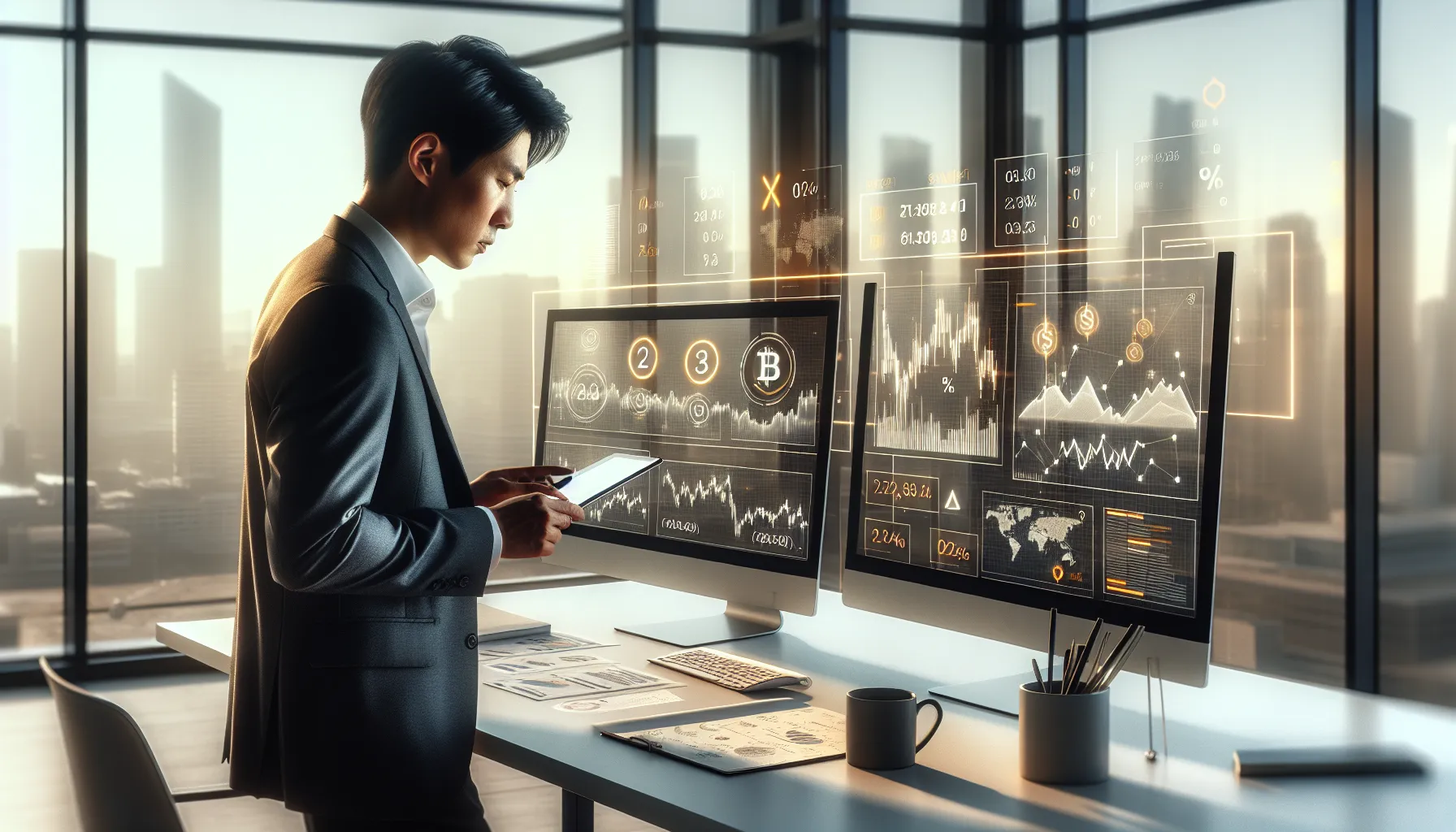 Professional trader analyzing cryptocurrency fee structures on dual monitors in modern office.