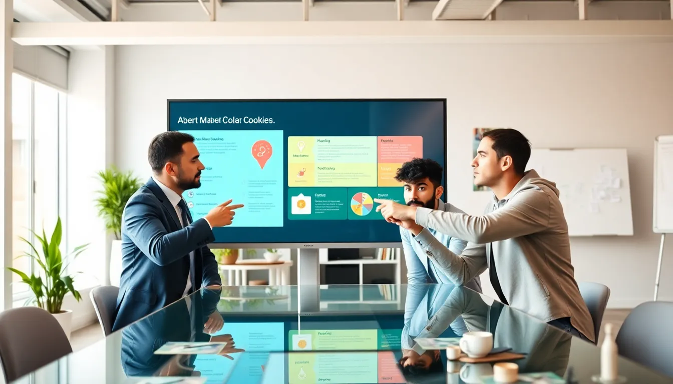 professionals discussing website cookies in a modern office setting.