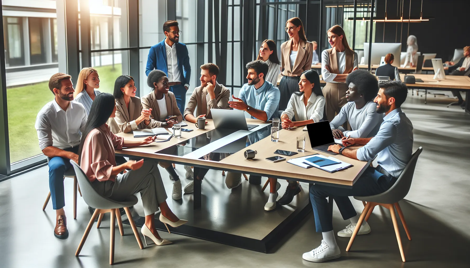 diverse team discussing technology in a modern office setting.