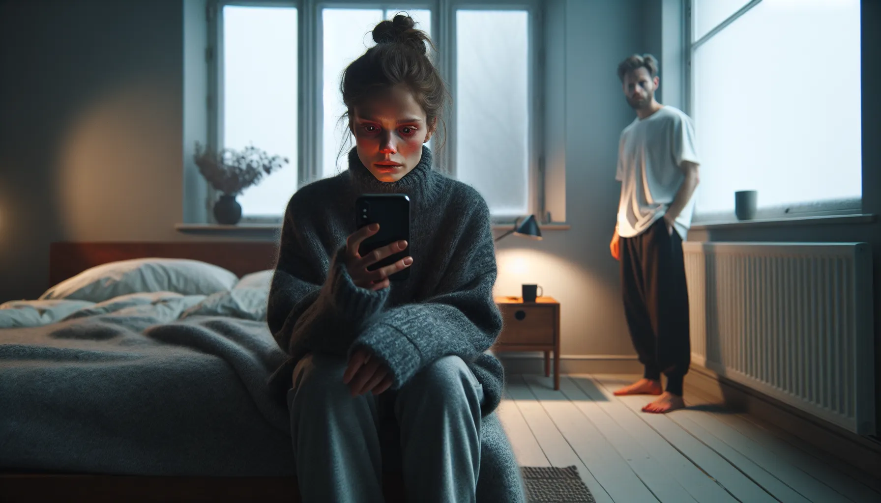 Hvordan reparere tilliten etter utroskap: er det mulig å finne tilbake? 2 Norwegian woman anxiously checking phone at night, partner blurred in background.