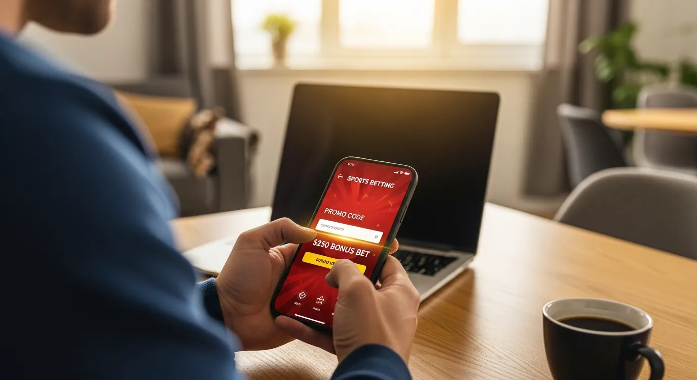 Hands holding a smartphone showing a sports betting promo code sign-up screen.