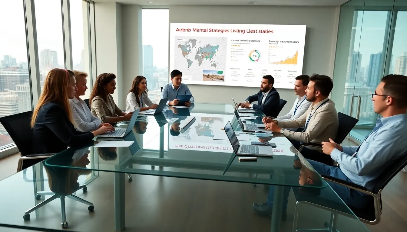 diverse team discussing Airbnb rental strategies in a modern office.