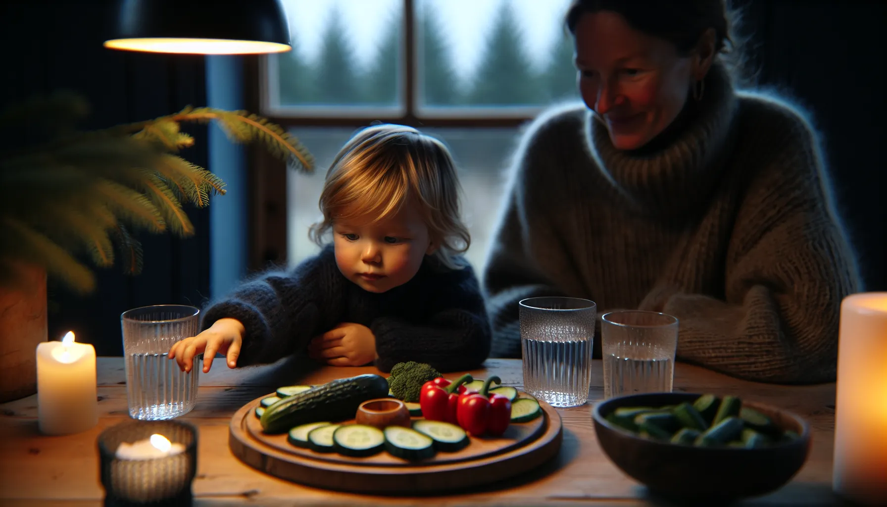 Slik gjør du grønnsaker spennende for barn 1 Norwegian child choosing cucumber or pepper from a shared family vegetable platter.