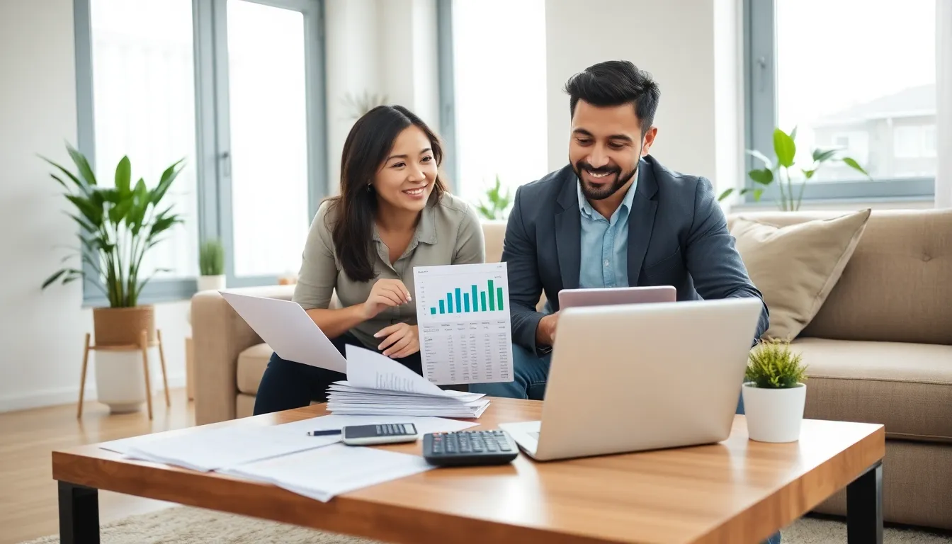 diverse family managing finances in a modern living room.