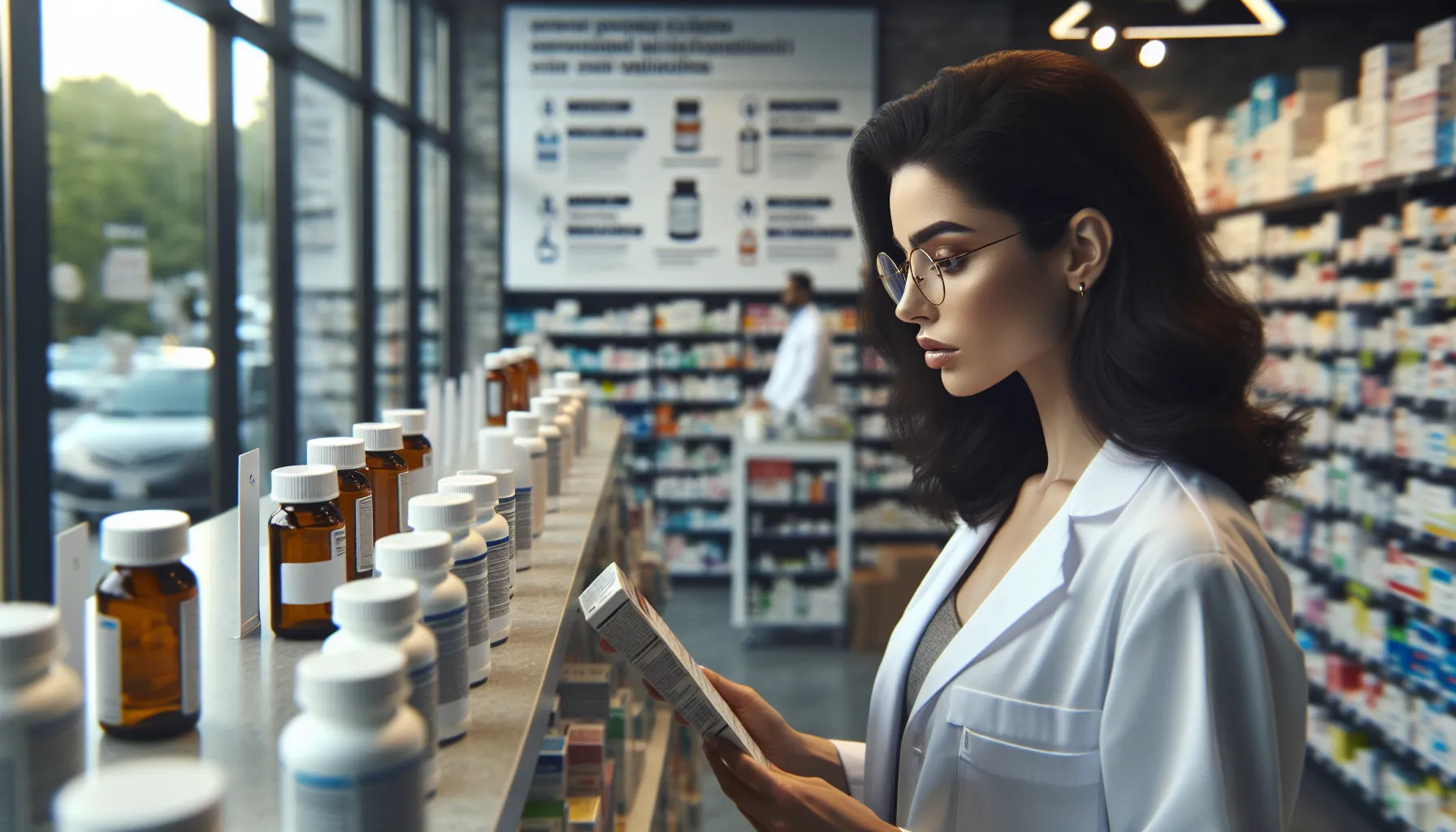 A pharmacist examining Advil and Motrin in a bright pharmacy.